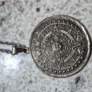 Aztec Calendar Silver Pendant Necklace